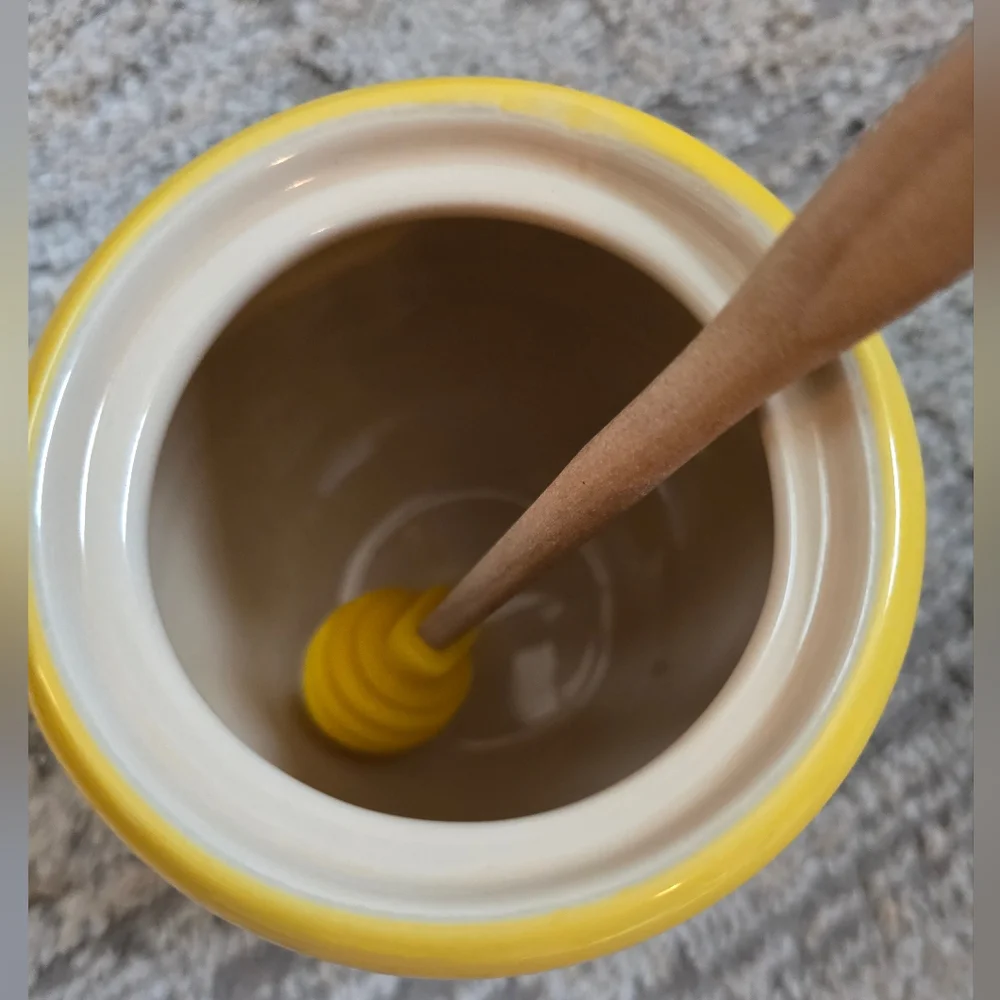 Yellow Ceramic Honey Pot with Wooden Dipper
